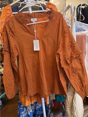 Mud Pie Rust Eyelet Crochet Sleeve V-Neck Blouse
